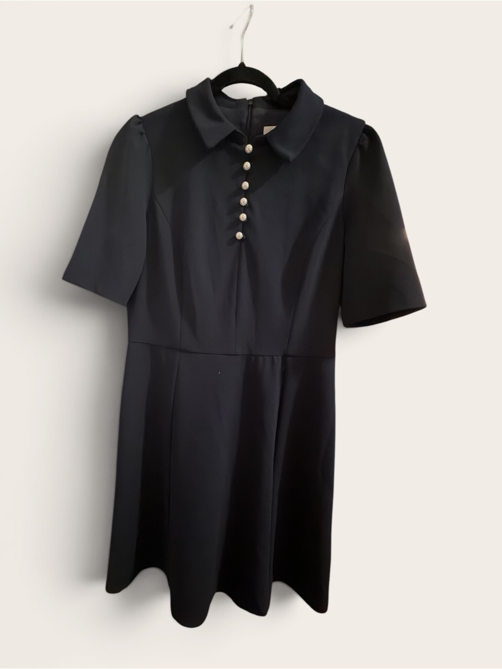 Classic Navy Blue A-Line Dress with Pearl Buttons - Picture 2 of 4